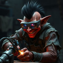 A nerdy-looking male goblin artificer with dark red skin, a black mohawk, and a 5-o-clock shadow