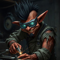 A nerdy-looking male goblin artificer with dark red skin, a black mohawk, and a 5-o-clock shadow