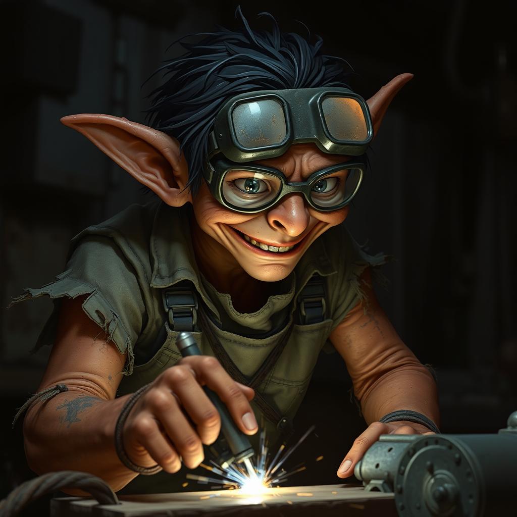 A nerdy-looking male goblin artificer with brownish-red skin and unkempt black hair