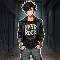 A detailed illustration of a guy with black hair styled in a messy, rockstar fashion