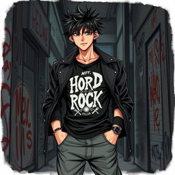 A detailed illustration of a guy with black hair styled in a messy, rockstar fashion