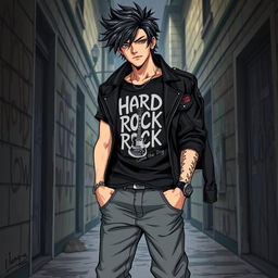 A detailed illustration of a guy with black hair styled in a messy, rockstar fashion