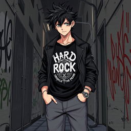 A detailed illustration of a guy with black hair styled in a messy, rockstar fashion