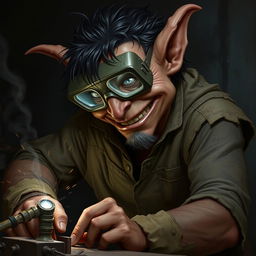 A male goblin artificer with brownish-red skin and unkempt black hair, wearing opaque welding goggles and ragged, torn, oil-stained clothing with the sleeves ripped off