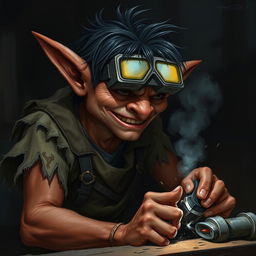 A male goblin artificer with brownish-red skin and unkempt black hair, wearing opaque welding goggles and ragged, torn, oil-stained clothing with the sleeves ripped off