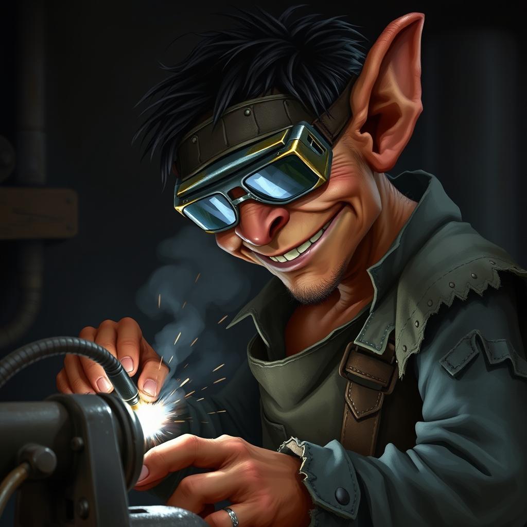 A male goblin artificer with brownish-red skin and unkempt black hair, wearing opaque welding goggles and ragged, torn, oil-stained clothing with the sleeves ripped off