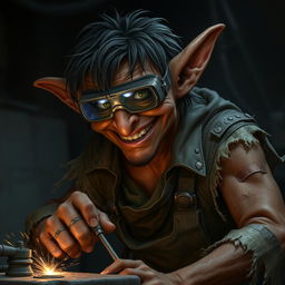 A male goblin artificer with brownish-red skin and unkempt black hair, wearing opaque welding goggles and ragged, torn, oil-stained clothing with the sleeves ripped off