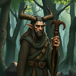 A hermit tiefling with straight horns, depicted in a mystical forest setting