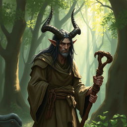 A hermit tiefling with straight horns, depicted in a mystical forest setting