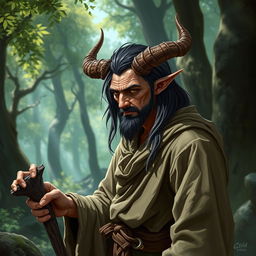 A hermit tiefling with straight horns, depicted in a mystical forest setting