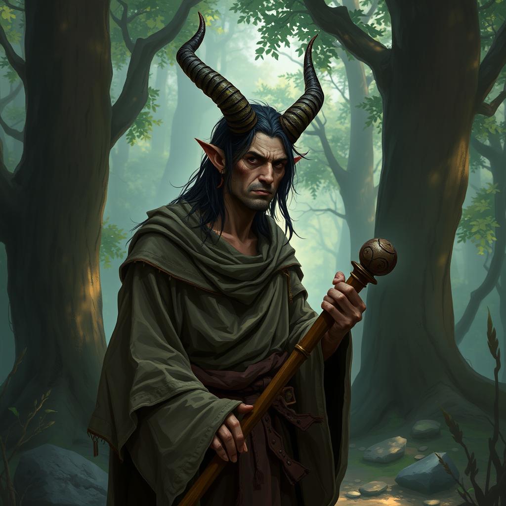 A hermit tiefling with straight horns, depicted in a mystical forest setting