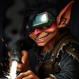 A male goblin artificer with brownish-red skin and unkempt black hair, wearing opaque welding goggles and ragged, torn, oil-stained clothing with the sleeves ripped off