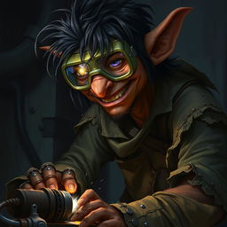 A male goblin artificer with brownish-red skin and unkempt black hair, wearing opaque welding goggles and ragged, torn, oil-stained clothing with the sleeves ripped off