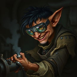 A male goblin artificer with brownish-red skin and unkempt black hair, wearing opaque welding goggles and ragged, torn, oil-stained clothing with the sleeves ripped off