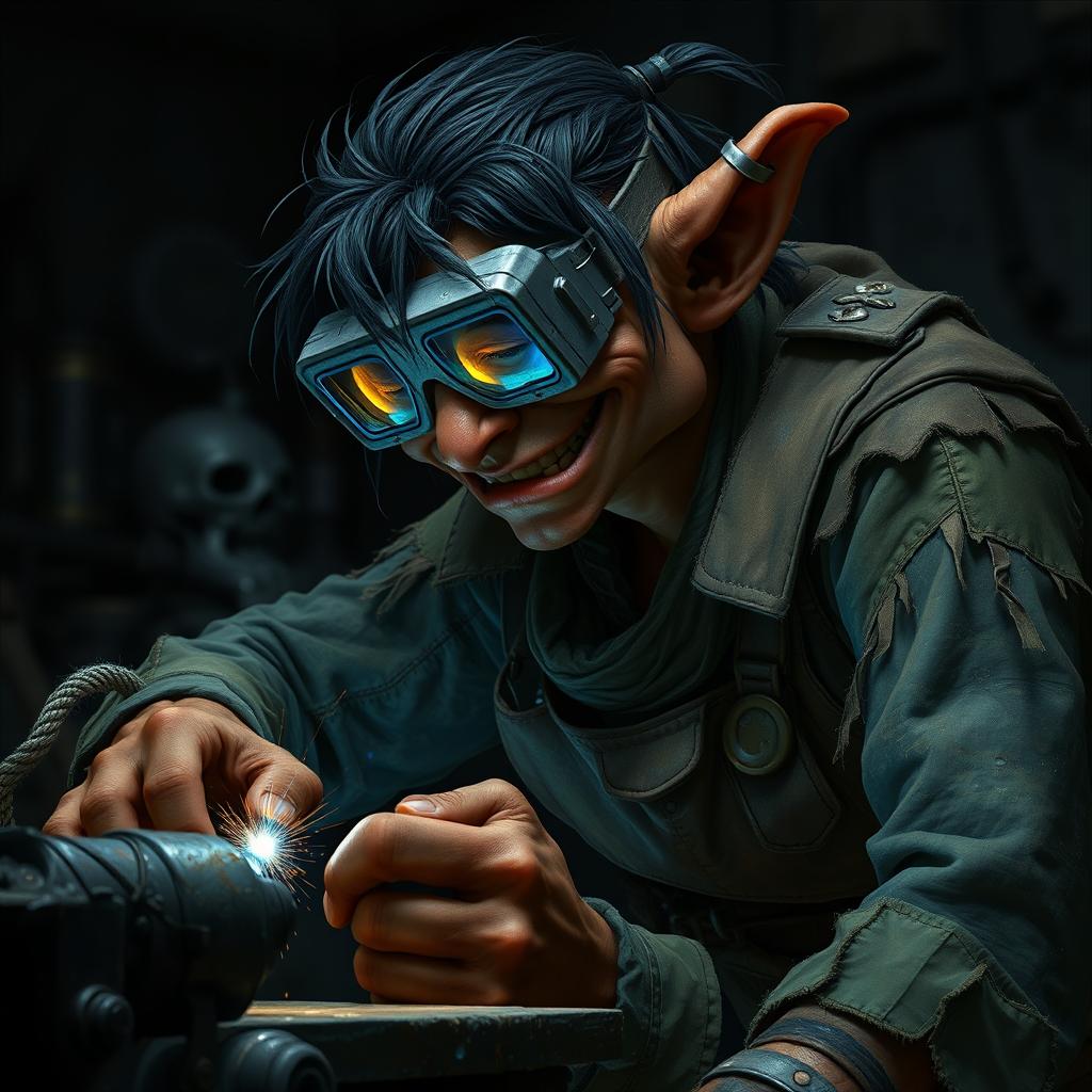 A male goblin artificer with brownish-red skin and unkempt black hair, wearing opaque welding goggles and ragged, torn, oil-stained clothing with the sleeves ripped off