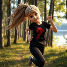 A 3D rendered image of a girl with long dirty blonde hair in a ponytail, wearing black tights and a black t-shirt with a red print, running in a forest next to a lake