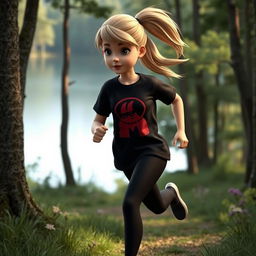 A 3D rendered image of a girl with long dirty blonde hair in a ponytail, wearing black tights and a black t-shirt with a red print, running in a forest next to a lake