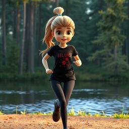 A 3D rendered image of a girl with long dirty blonde hair in a ponytail, wearing black tights and a black t-shirt with a red print, running in a forest next to a lake