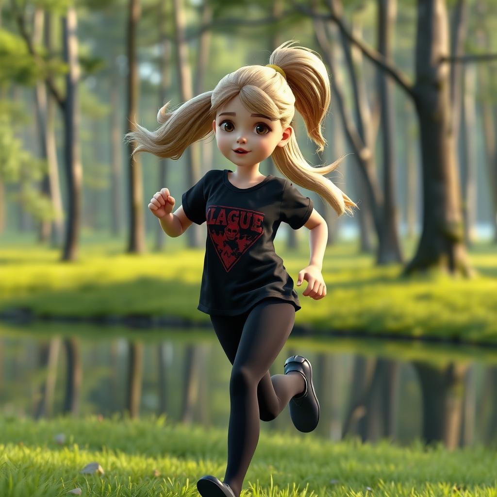 A 3D rendered image of a girl with long dirty blonde hair in a ponytail, wearing black tights and a black t-shirt with a red print, running in a forest next to a lake