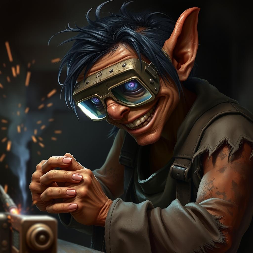 A male goblin artificer with brownish-red skin and unkempt black hair, wearing opaque welding goggles and ragged, torn, oil-stained clothing with the sleeves ripped off