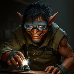 A male goblin artificer with brownish-red skin and unkempt black hair, wearing opaque welding goggles and ragged, torn, oil-stained clothing with the sleeves ripped off