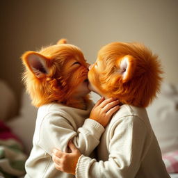 A pair of ginger twins sharing a kiss