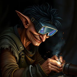 A male goblin artificer with brownish-red skin and unkempt black hair, wearing opaque welding goggles and ragged, torn, oil-stained clothing with the sleeves ripped off