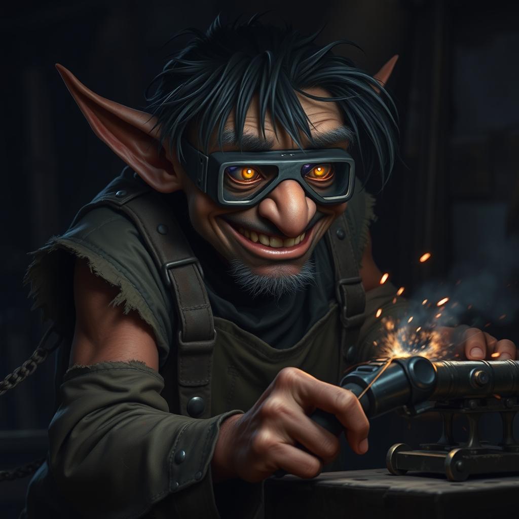 A male goblin artificer with brownish-red skin and unkempt black hair, wearing opaque welding goggles and ragged, torn, oil-stained clothing with the sleeves ripped off