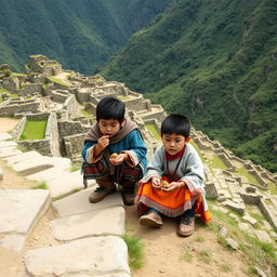 A Mapuche boy and a chasqui boy sitting on the edge of the Inca trail eating pine nuts in the times of the Inca empire