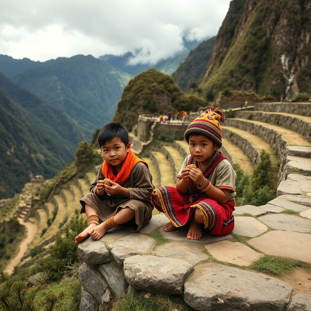 A Mapuche boy and a chasqui boy sitting on the edge of the Inca trail eating pine nuts in the times of the Inca empire