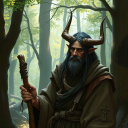 A 35-year-old hermit tiefling with straight horns that curve downward, depicted in a mystical forest setting