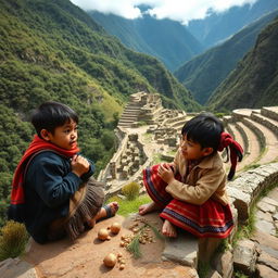 A Mapuche boy and a chasqui boy sitting on the edge of the Inca trail eating pine nuts in the times of the Inca empire