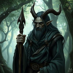 A 35-year-old hermit tiefling with straight horns that curve downward, depicted in a mystical forest setting