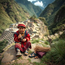 A Mapuche boy and a chasqui boy sitting on the edge of the Inca trail eating pine nuts in the times of the Inca empire