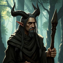 A 35-year-old hermit tiefling with straight horns that curve downward, depicted in a mystical forest setting