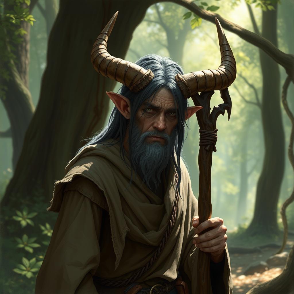 A 35-year-old hermit tiefling with straight horns that curve downward, depicted in a mystical forest setting