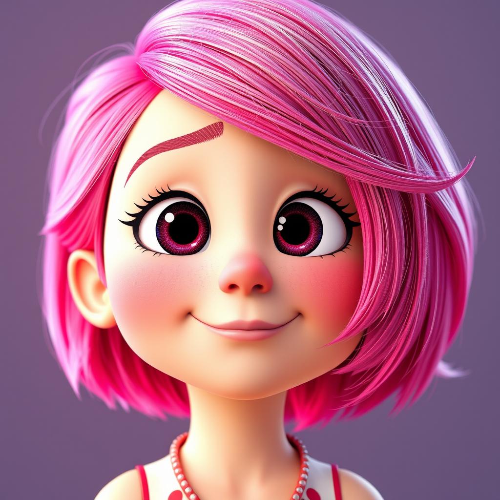 A 3D rendered image inspired by Inside Out 2, featuring the Love emotion as a beautiful girl with pink hair and pink skin in a whimsical, colorful style