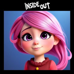 A 3D rendered image inspired by Inside Out 2, featuring the Love emotion as a beautiful girl with pink hair and pink skin in a whimsical, colorful style