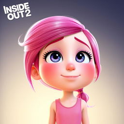 A 3D rendered image inspired by Inside Out 2, featuring the Love emotion as a beautiful girl with pink hair and pink skin in a whimsical, colorful style