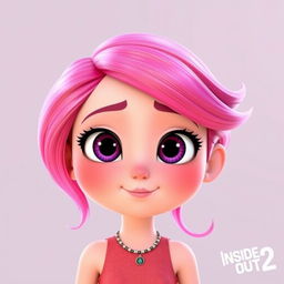 A 3D rendered image inspired by Inside Out 2, featuring the Love emotion as a beautiful girl with pink hair and pink skin in a whimsical, colorful style