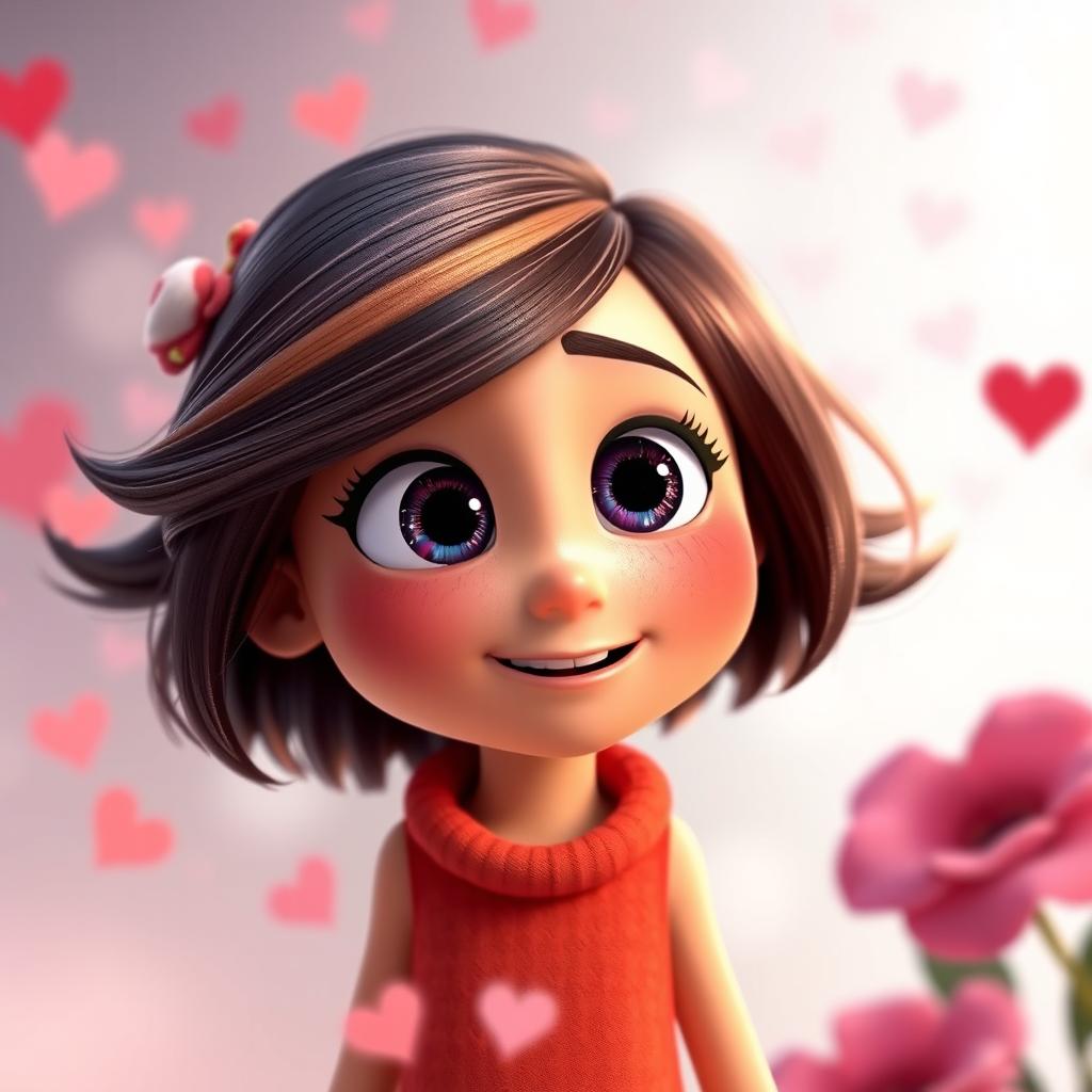 A 3D rendered image inspired by Inside Out, featuring the Love emotion as a girl with a warm and affectionate appearance, set in a dreamy, abstract environment