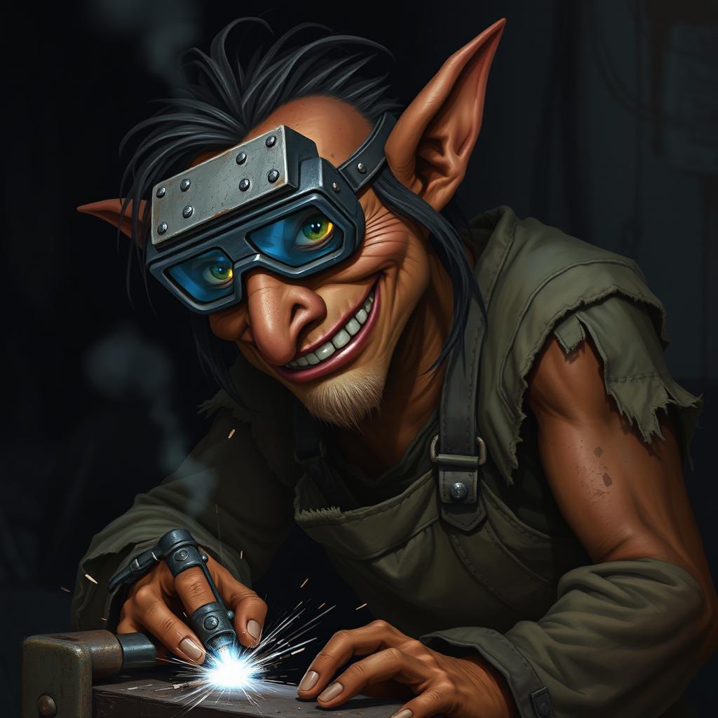 A male goblin artificer with brownish-red skin, a long nose, and unkempt black hair, wearing opaque welding goggles and ragged, torn, oil-stained clothing with the sleeves ripped off