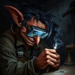 A male goblin artificer with brownish-red skin, a long nose, and unkempt black hair, wearing opaque welding goggles and ragged, torn, oil-stained clothing with the sleeves ripped off