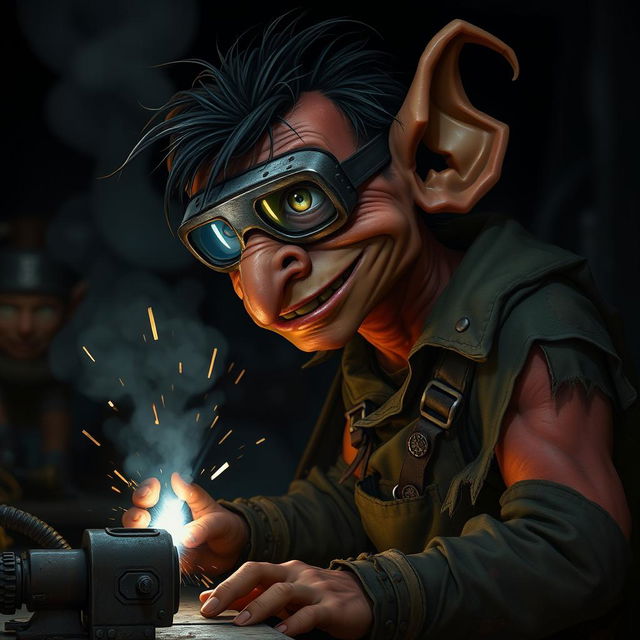 A male goblin artificer with brownish-red skin, a long nose, and unkempt black hair, wearing opaque welding goggles and ragged, torn, oil-stained clothing with the sleeves ripped off