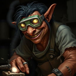 A male goblin artificer with brownish-red skin, a long nose, and unkempt black hair, wearing opaque welding goggles and ragged, torn, oil-stained clothing with the sleeves ripped off