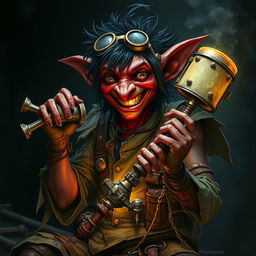 A male goblin artificer with dark red skin, a long nose, and messy black hair, set in steampunk times