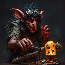 A male goblin artificer with dark red skin, a long nose, and messy black hair, set in steampunk times