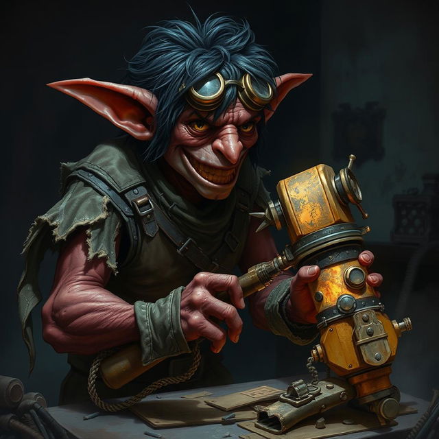 A male goblin artificer with dark red skin, a long nose, and messy black hair, set in steampunk times