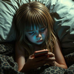 A detailed image of a girl with dirty blonde hair crying in a leopard print bed in the dark, while texting on her phone.