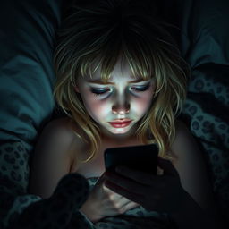 A detailed image of a girl with dirty blonde hair crying in a leopard print bed in the dark, while texting on her phone.